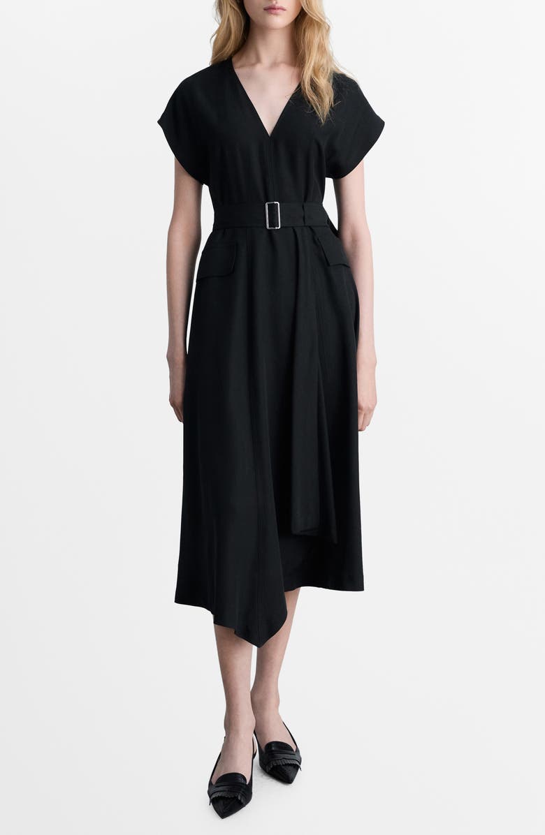 MANGO Belted Asymmetric Hem Midi Dress, Main, color, Black