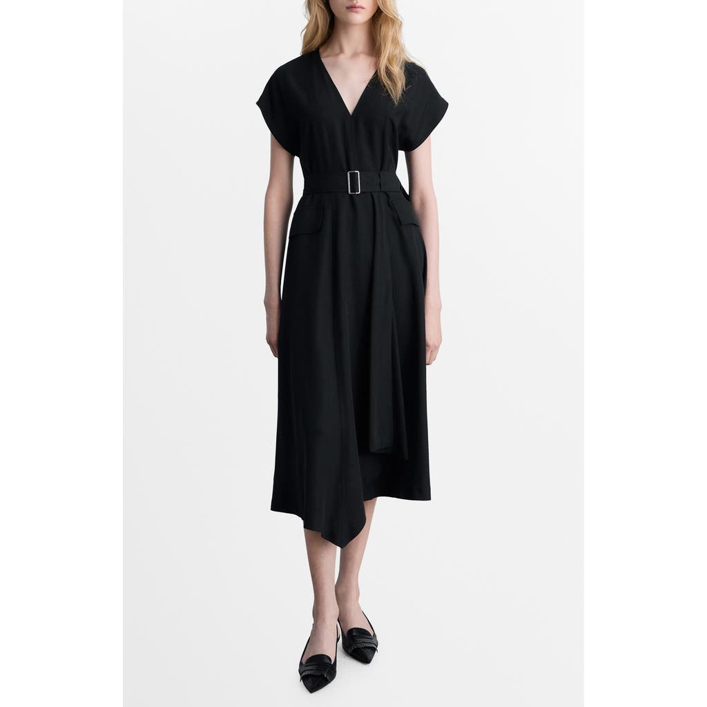 Mango Belted Asymmetric Hem Midi Dress In Black