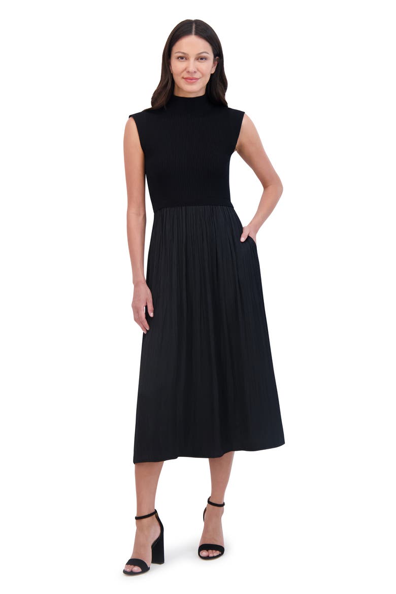 Mixed Media Midi Dress, Alternate, color, BLACK