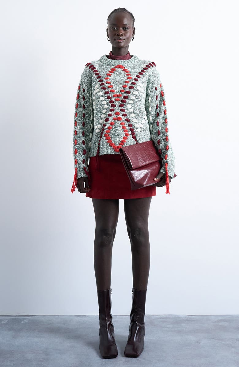 Topshop Embroidered Argyle Sweater, Alternate, color, Light Green