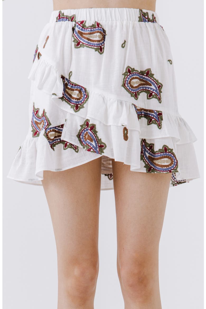Paisley Embroidery Tiered Ruffle Cotton Miniskirt, Alternate, color, WHITE