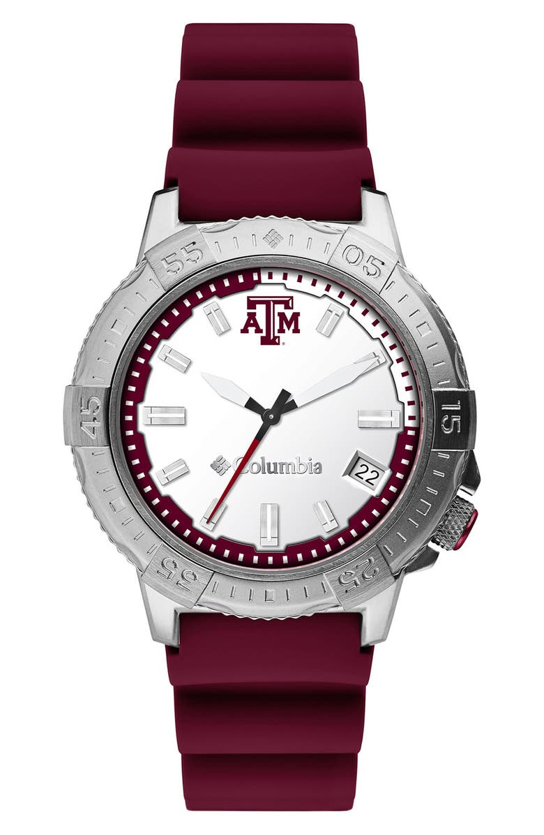 Columbia Texas A&M 3-Hand Quartz Silicone Strap Watch, 45mm, Main, color, Maroon