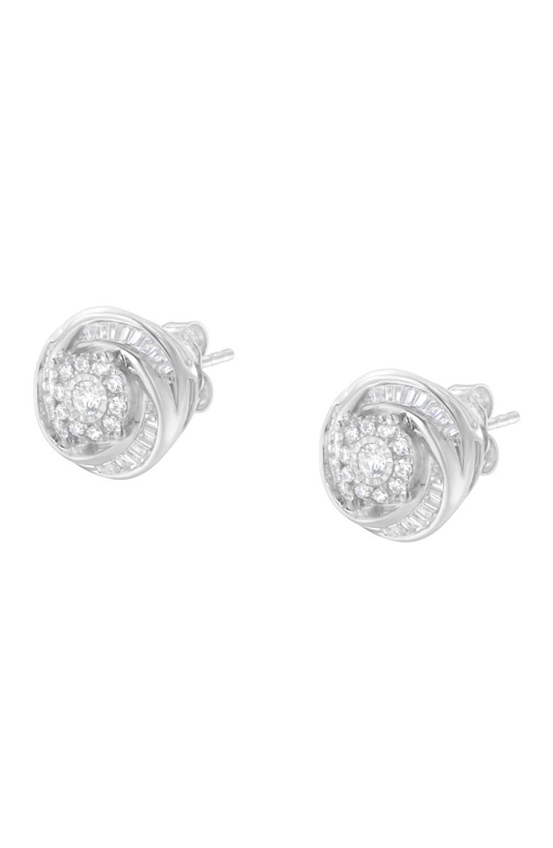 Haus of Brilliance Silver 3/4 Ct Round and BaguetteDiamond Love Knot Stud Earring, Alternate, color, White