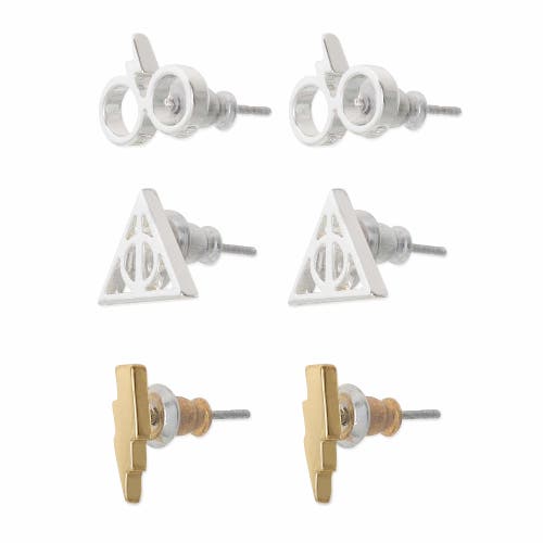 Harry Potter Deathly Hallows And Lightning Bolt Studs Earrings, 3-pack In Metallic