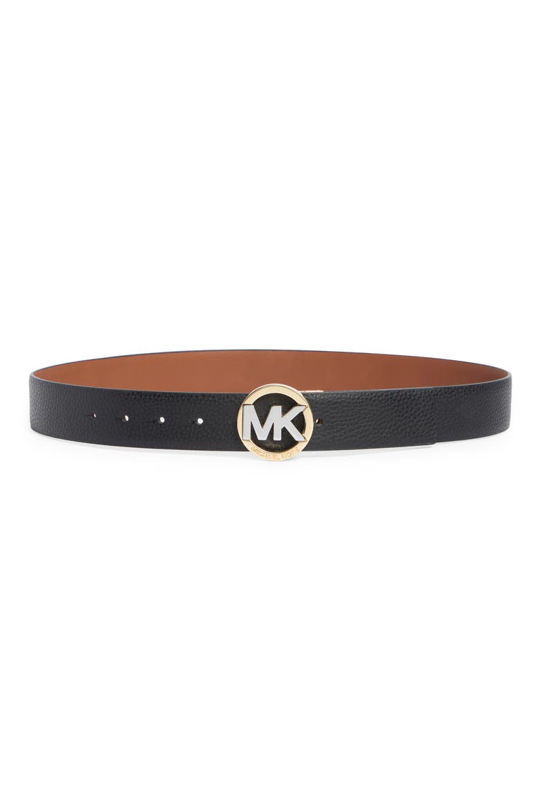 Smooth Leather MK Logo Buckle Belt, Main, color, BLACK/LUGGAGE