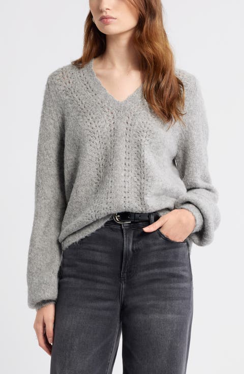 Oversize Pointelle V-Neck Sweater