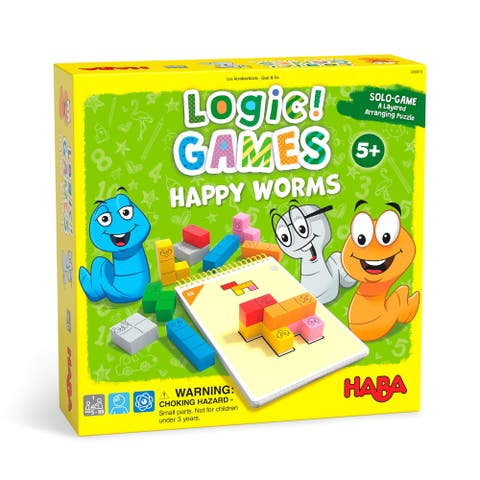 Logic! Games Happy Worms - Children's Board Game for 5+ with 60 Solo Brain Teasers and Puzzle Fun to Develop Fine Motor Skills, Made in Germany