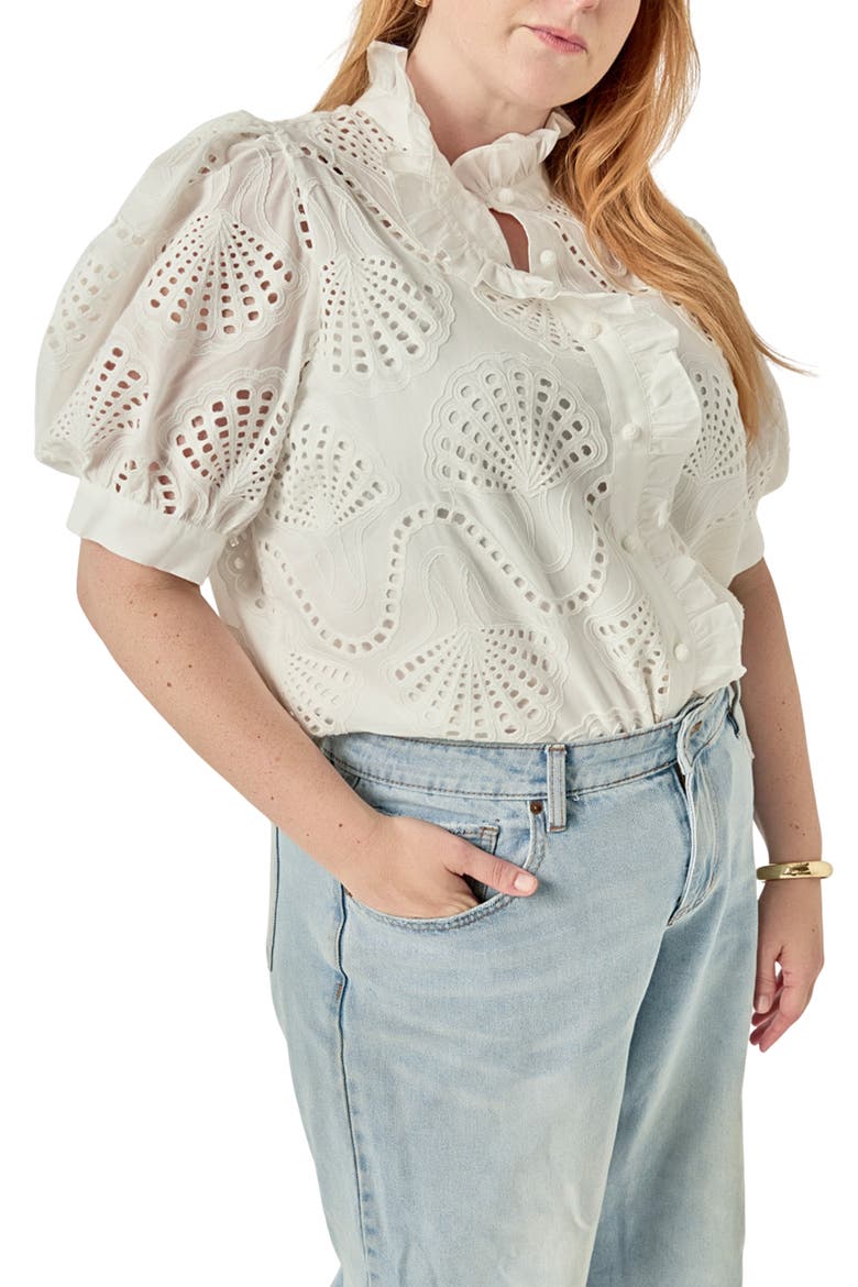 Embroidered Ruffle Short Sleeve Eyelet Shirt, Alternate, color, WHITE