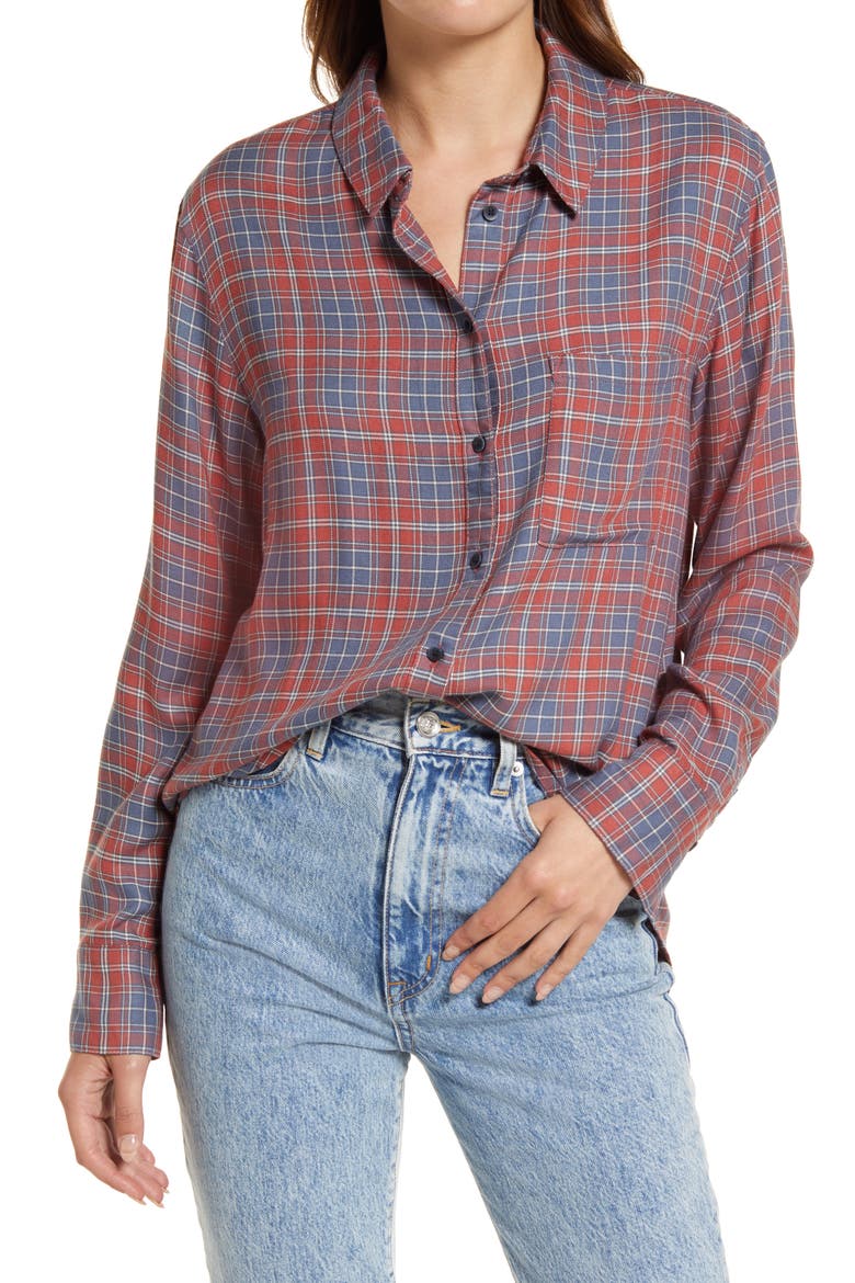 Plaid Boyfriend Shirt, Main, color, GREY- RUST TAMERA PLAID