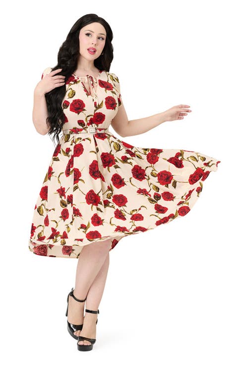 Short Petal Sleeve Tie Neck Dahlia Swing Dress