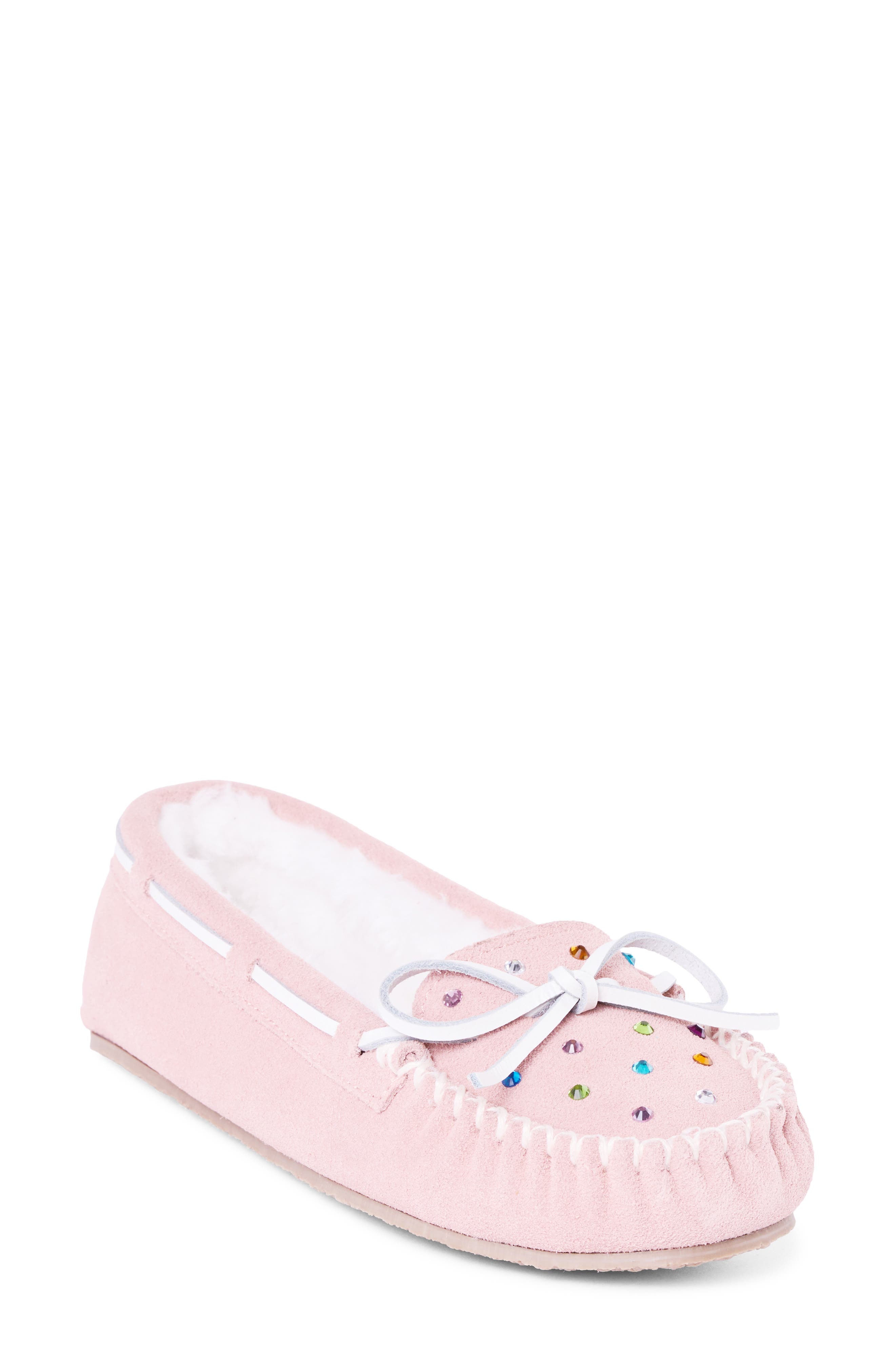 Cally Rhinestone Faux Fur Lined Slipper, Main, color, BLUSH