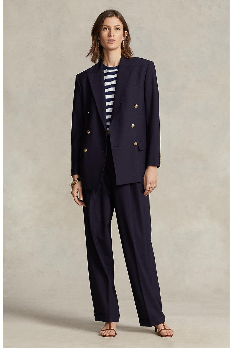 Double Breasted Stretch Wool Jacket, Alternate, color, NAVY
