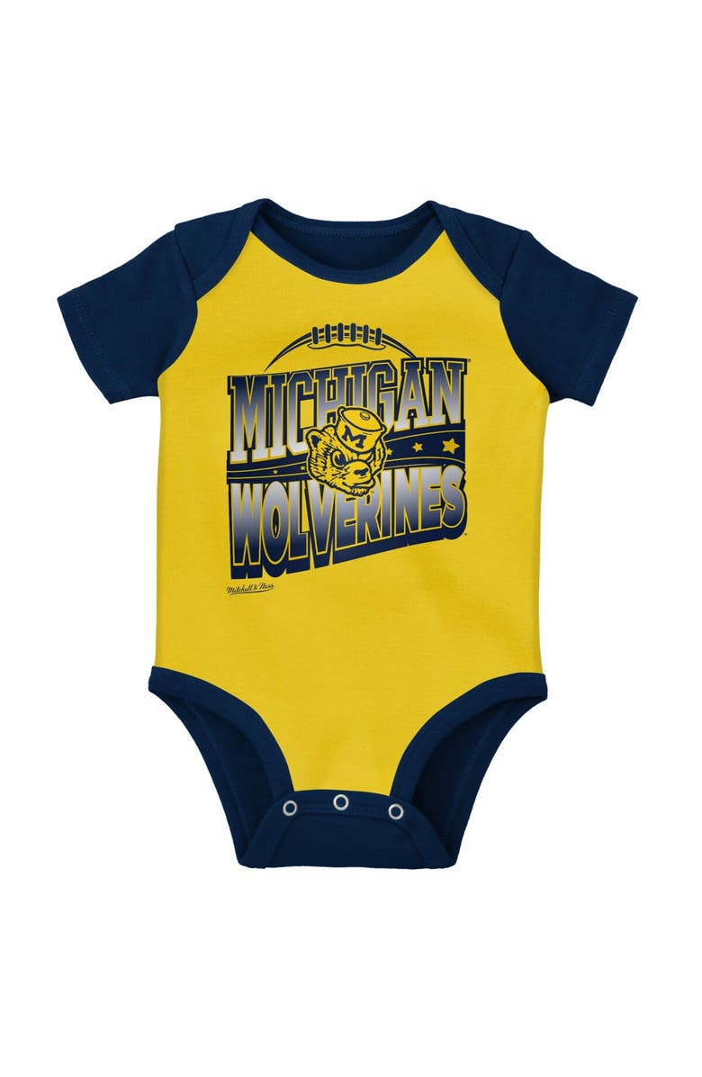Mitchell & Ness Infant Mitchell & Ness Navy/Maize Michigan Wolverines 3-Pack Bodysuit, Bib and Bootie Set, Alternate, color, 