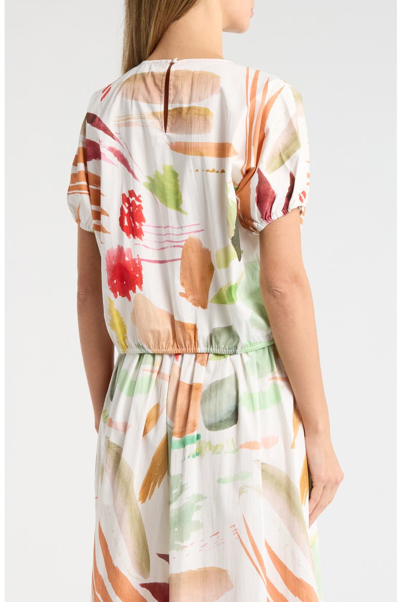 Short Sleeve Tie Waist Crop Top, Alternate, color, IVORY BRUSH STROKE PRINT