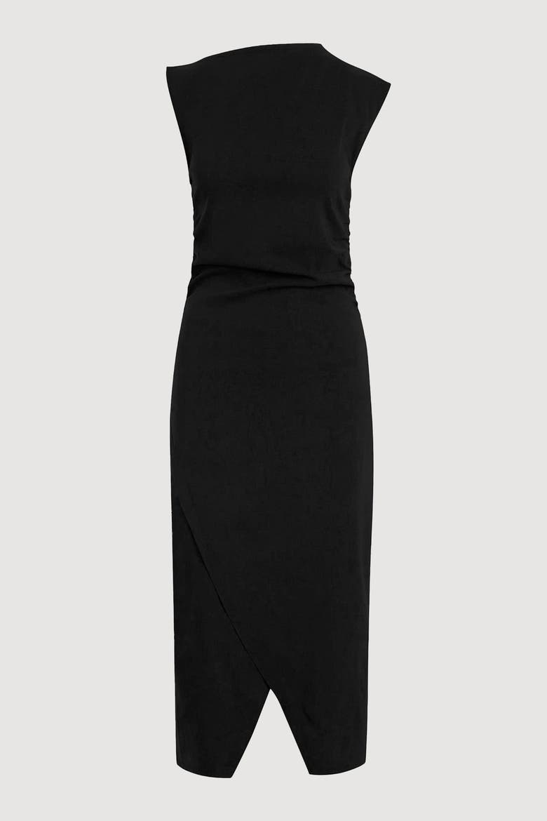 Manon Asymmetric-Neck Ruched Dress, Alternate, color, Black