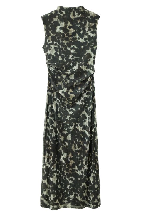 Print Ruched Mesh Maxi Dress