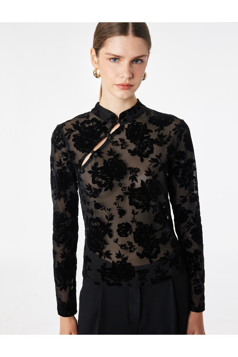 Long Sleeve High Qipao Neck Floral Mesh Top, Alternate, color, BLACK DESIGN
