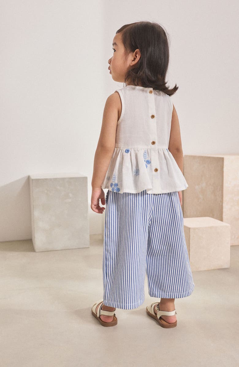 NEXT Kids' Embroidered Cotton & Linen Peplum Top & Stripe Pants Set, Alternate, color, White/Blue