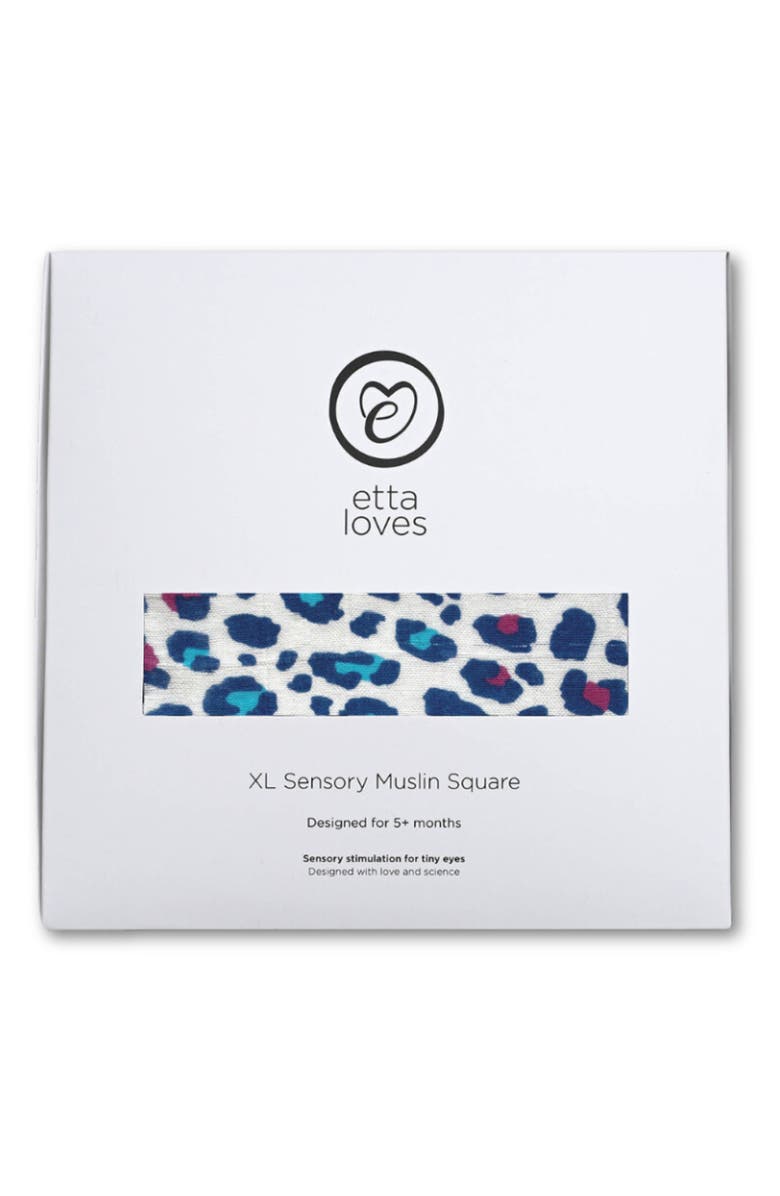 ETTA LOVES XL Blue Leopard Sensory Organic Cotton Muslin Blanket, Alternate, color, Blue Leopard Print