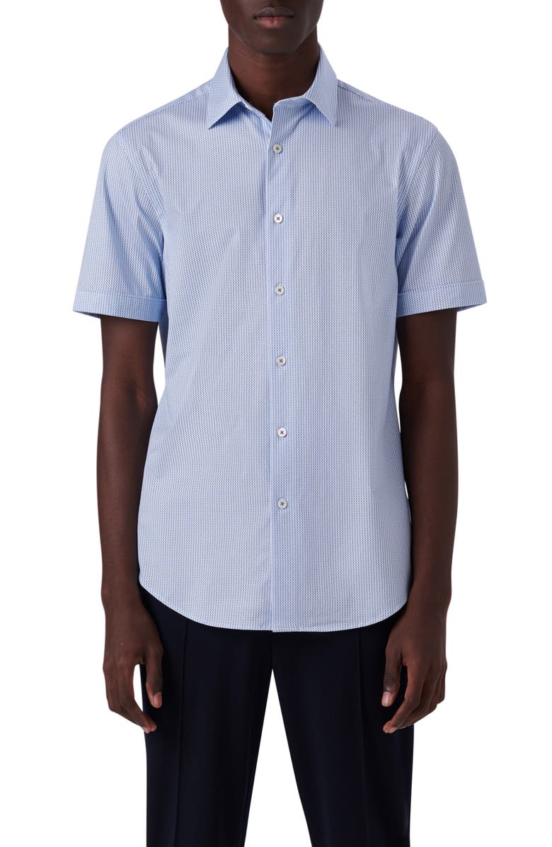 Bugatchi Miles OoohCotton<sup>®</sup> Abstract Print Short Sleeve Button-Up Shirt, Main, color, Sky