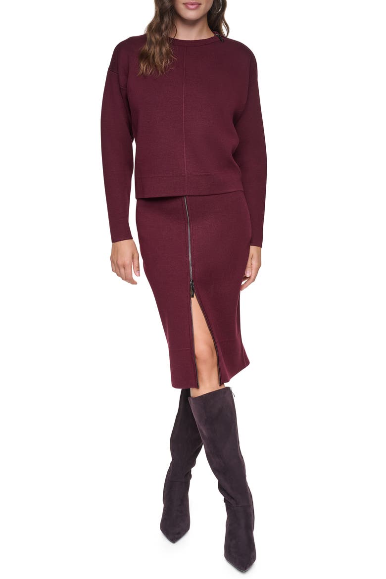 Zip Shoulder Crewneck Sweater, Alternate, color, CABERNET