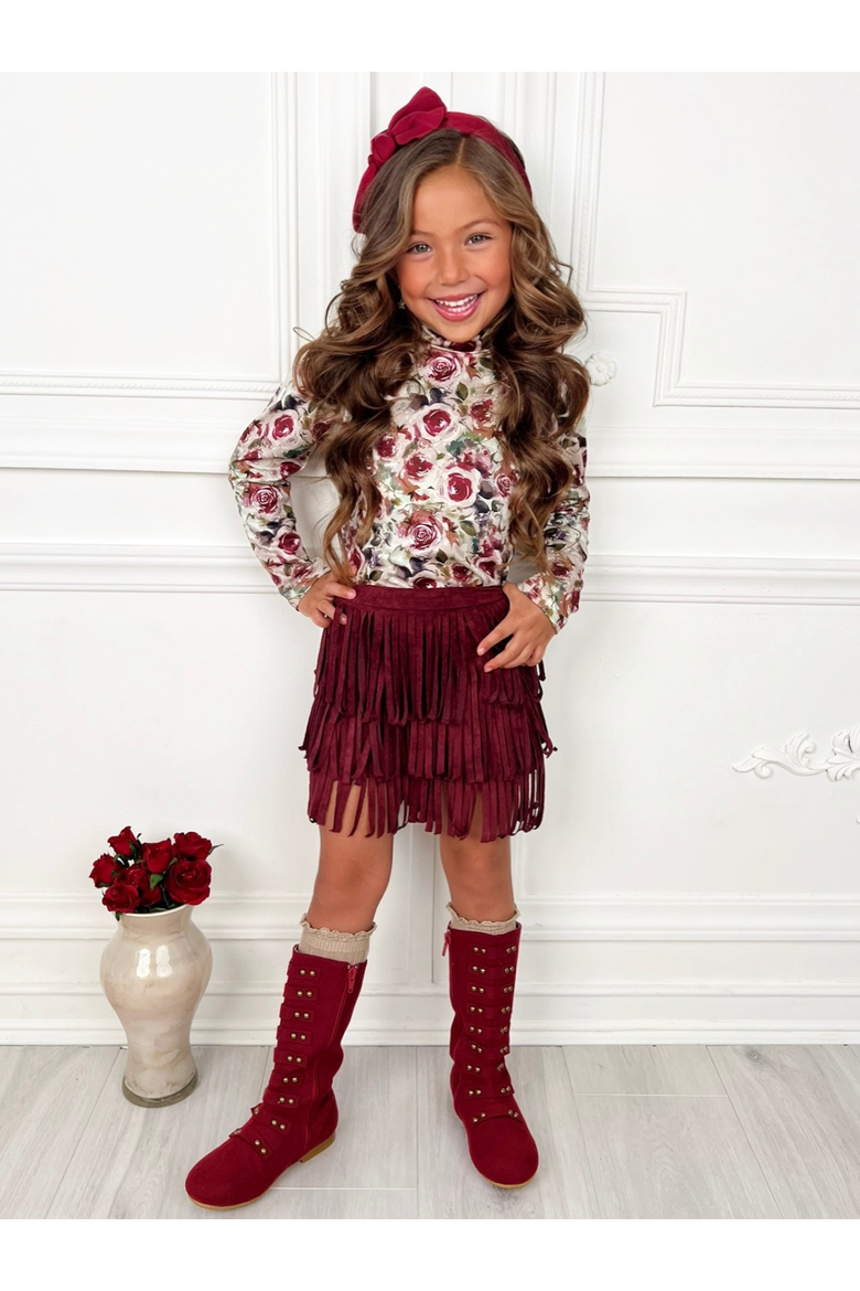 Autumn Rose Top and Fringe Skort Set, Alternate, color, Burgundy