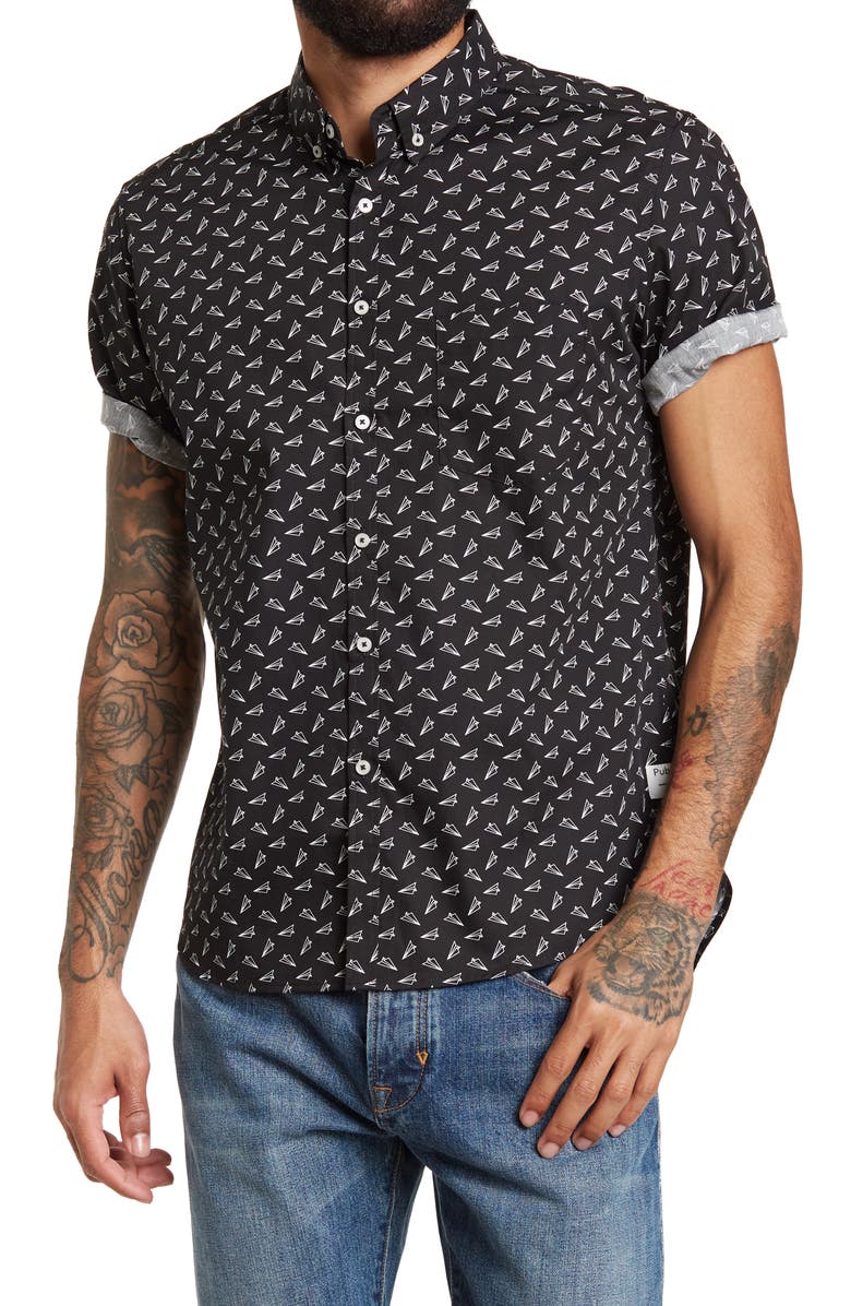 Public Art Airplane Print Short Sleeve Regular Fit Shirt, Main, color,