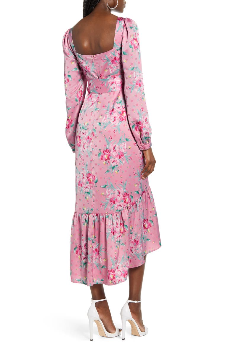 Floral Belted Bustier Long Sleeve Satin Ruffle Dress, Alternate, color, PINK FLORAL DOT JACQUARD