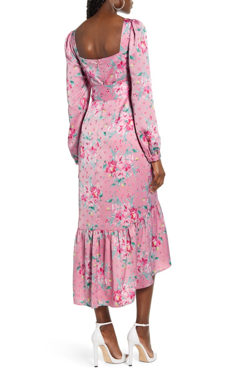 WAYF Floral Belted Bustier Long Sleeve Satin Ruffle Dress, Alternate, color, 