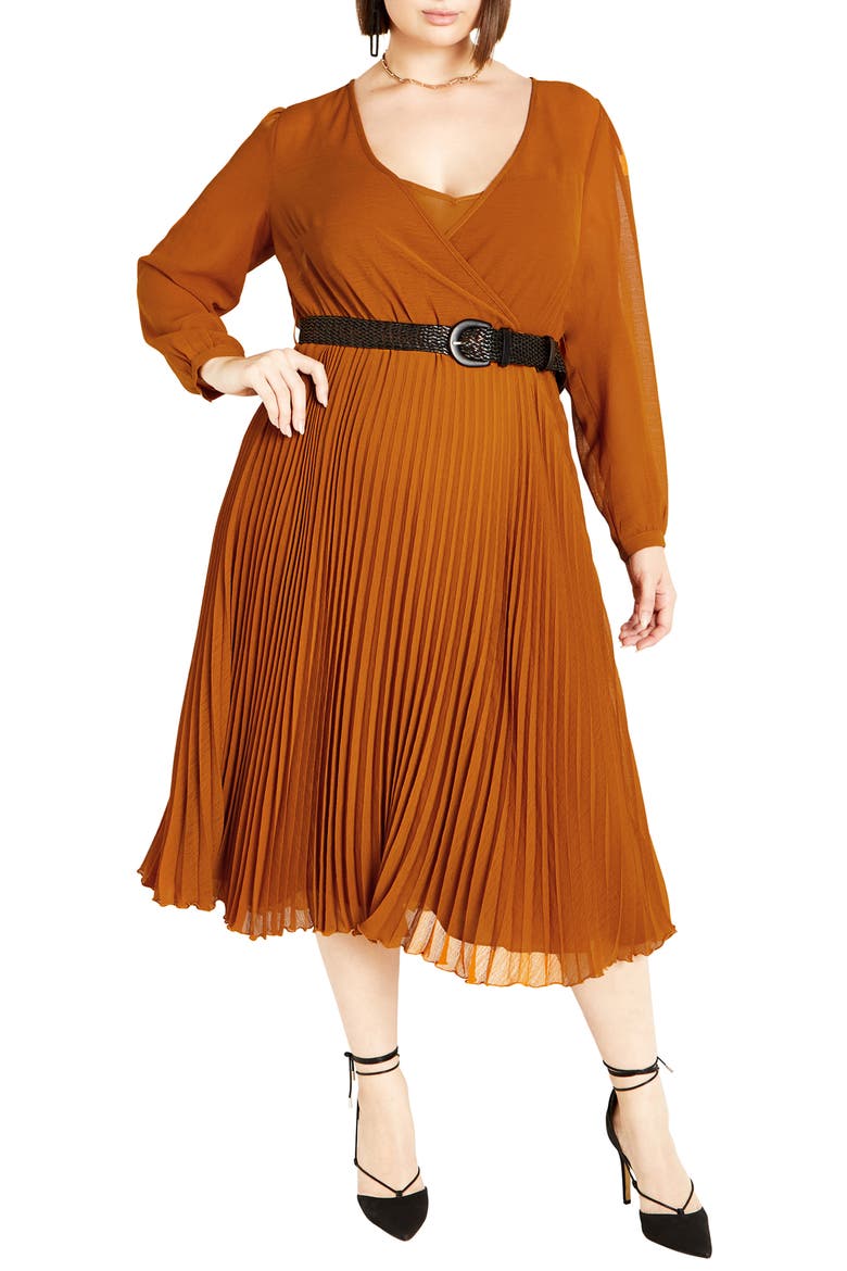 Emberly Pleated Long Sleeve Belted Midi Dress, Main, color, TOFFEE