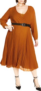 City Chic Emberly Pleated Long Sleeve Belted Midi Dress