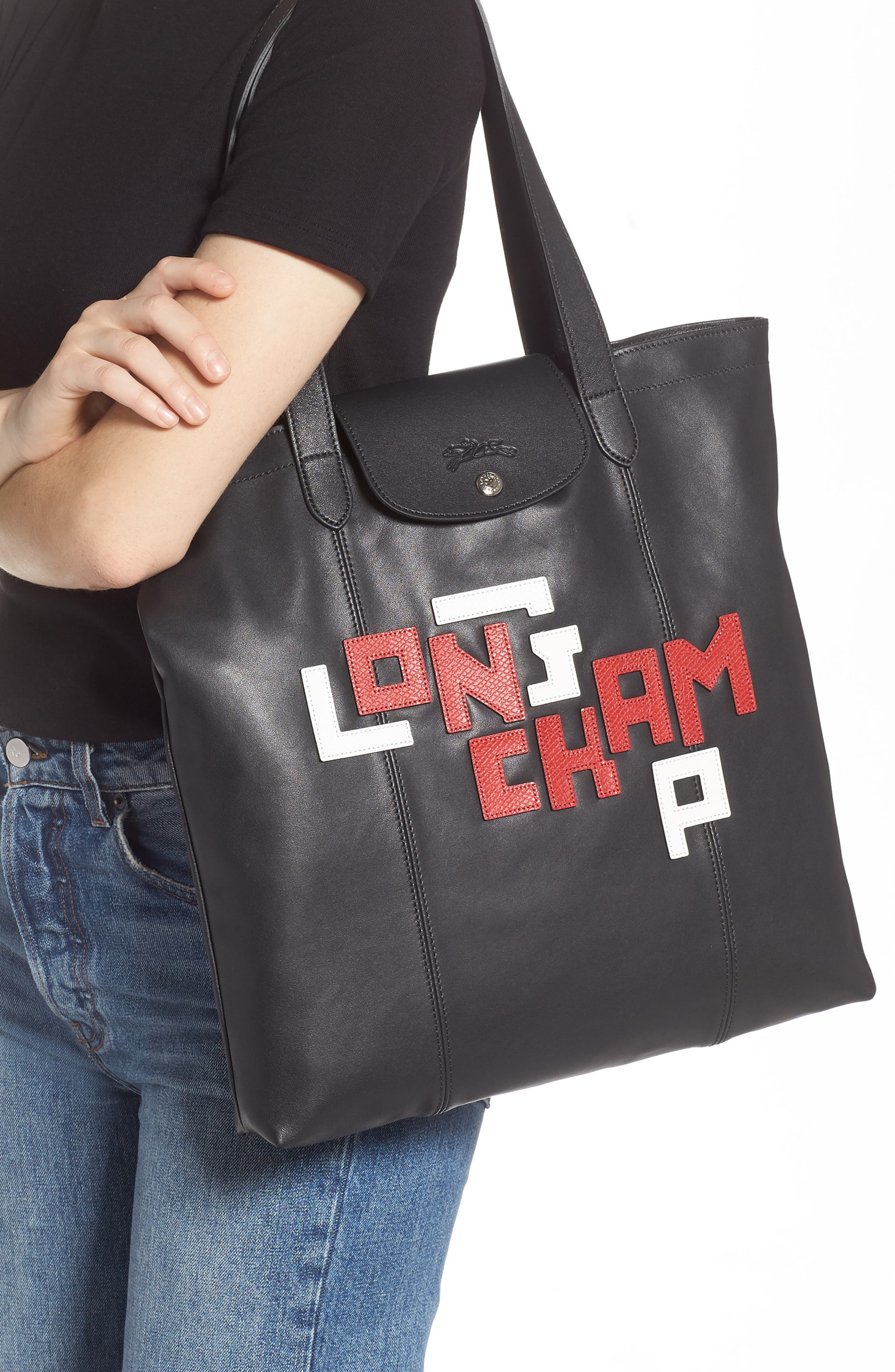 Longchamp Large Le Pliage Logo Leather Tote, Alternate, color, 