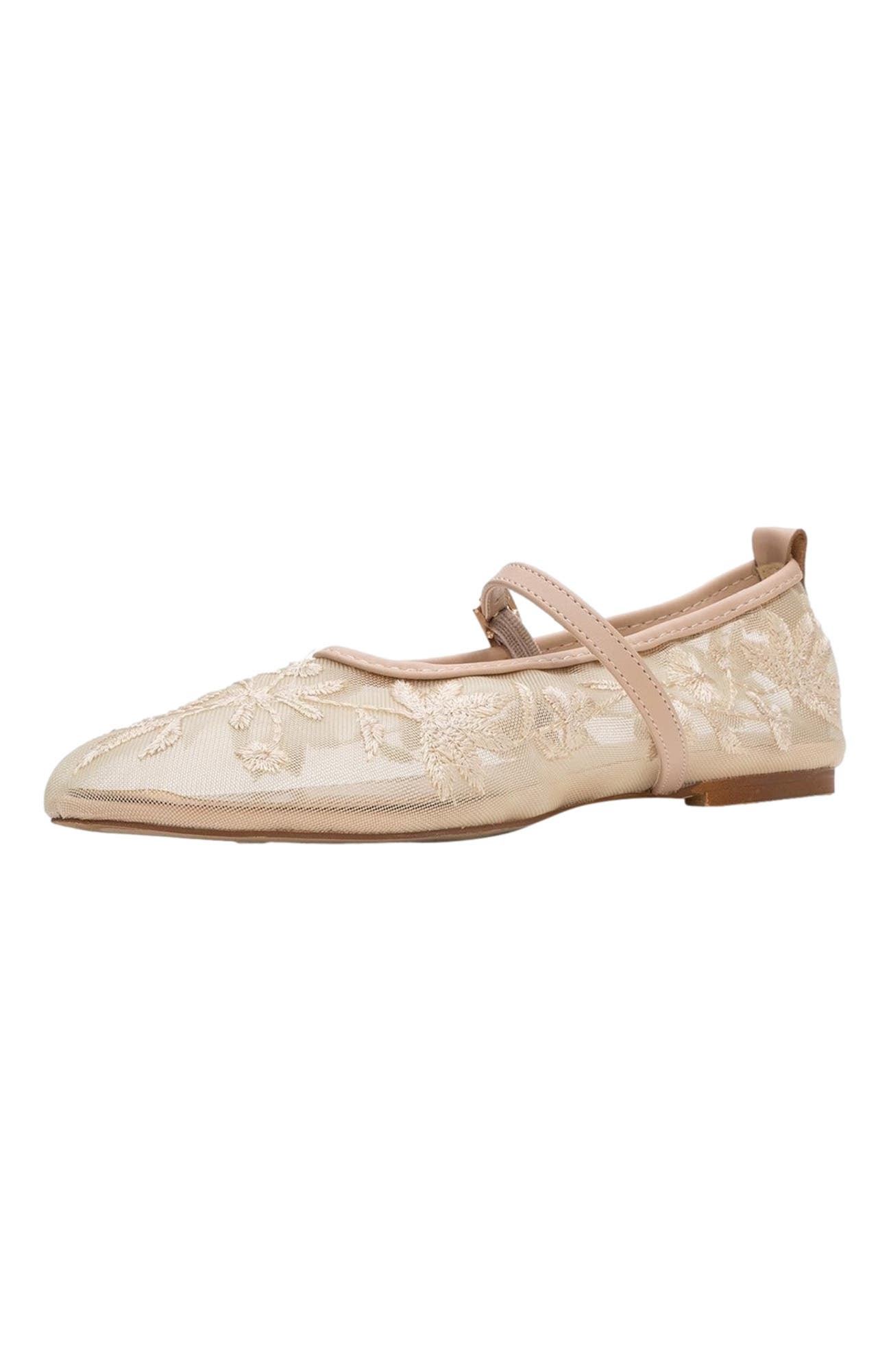 Prologue Shoes Juny Mesh Floral Embroidery Ballet Flat, Alternate, color, Beige Faux Leather