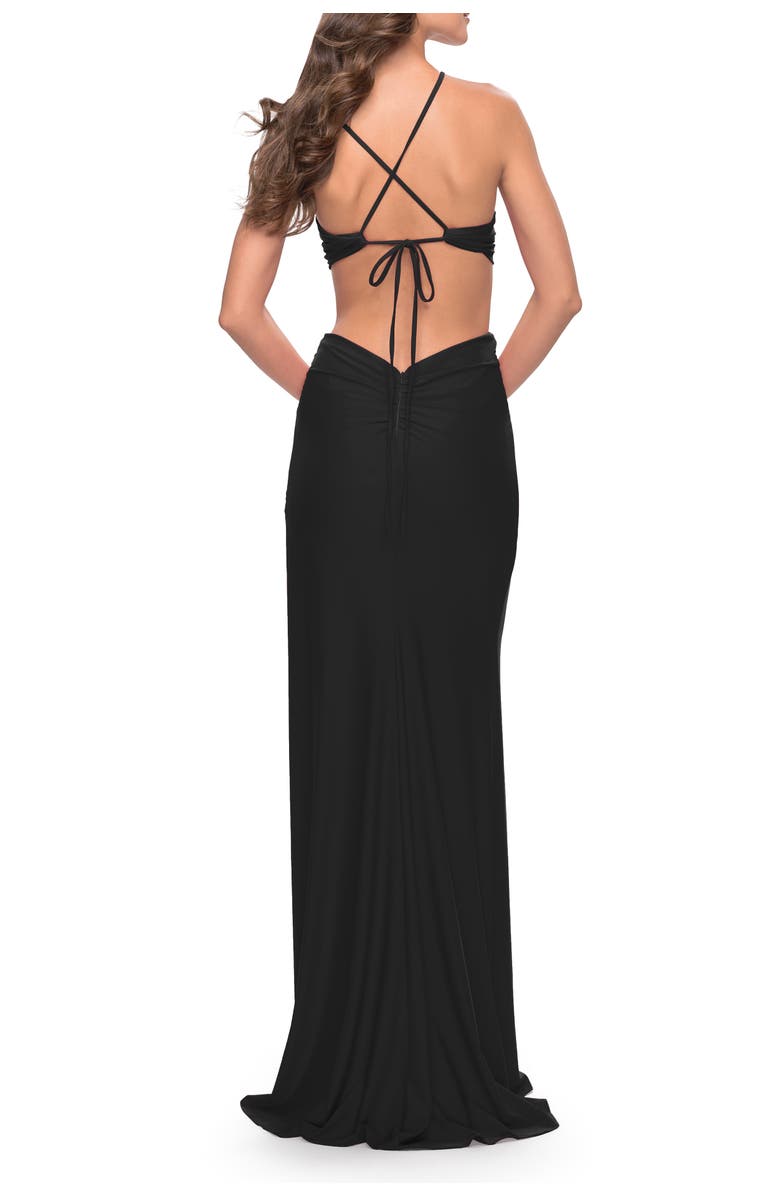 La Femme Unique Jersey Gown with Front Cut Outs and Criss Cross Straps, Alternate, color, Black