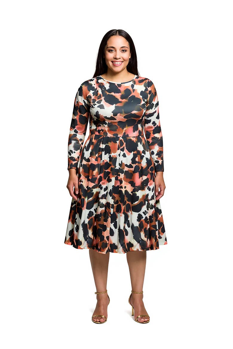 Long Sleeve Midi Dress in Animal Print, Main, color, Brown Multi