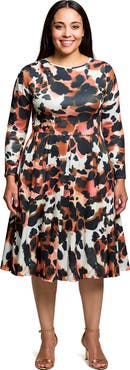 24seven Comfort Apparel Long Sleeve Midi Dress in Animal Print