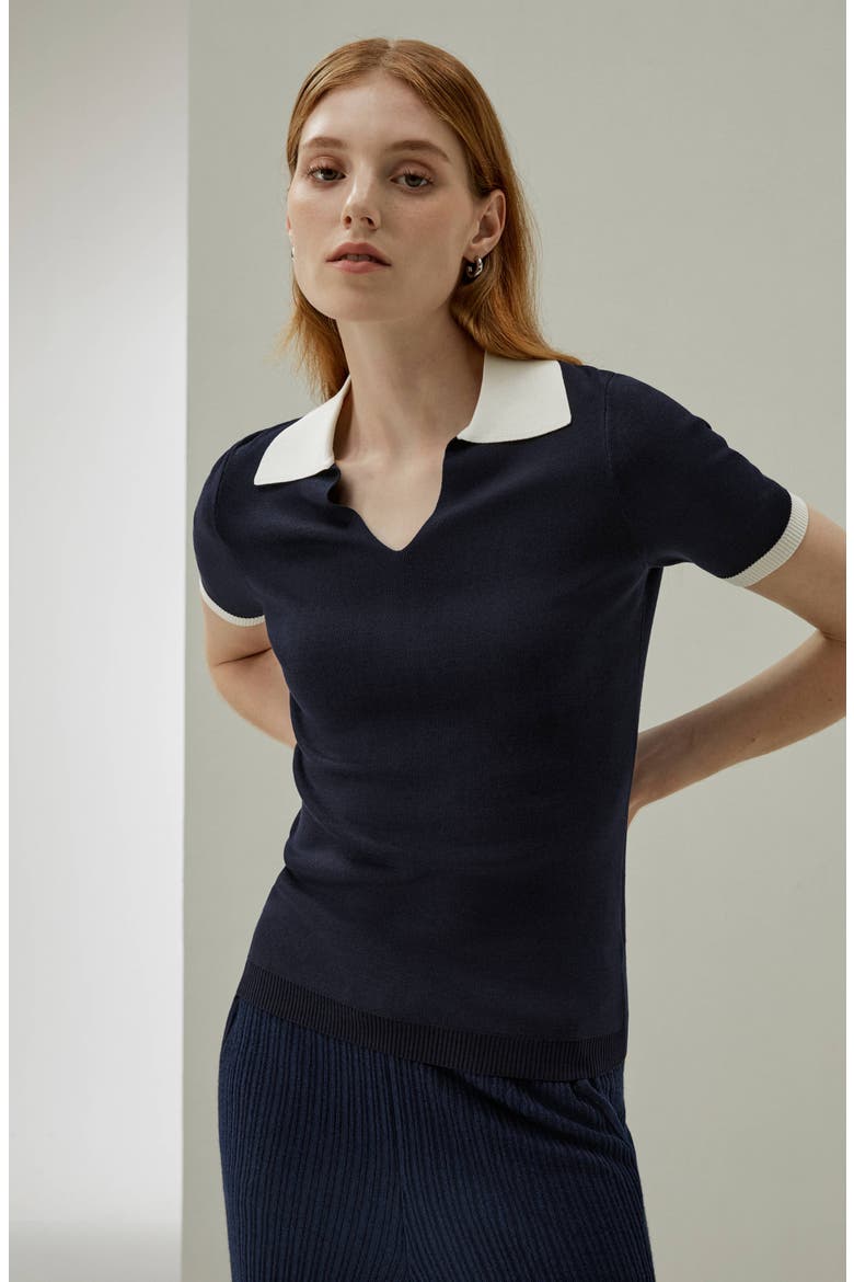 Timeless Mei Silk Knit Polo, Alternate, color, Navy blue