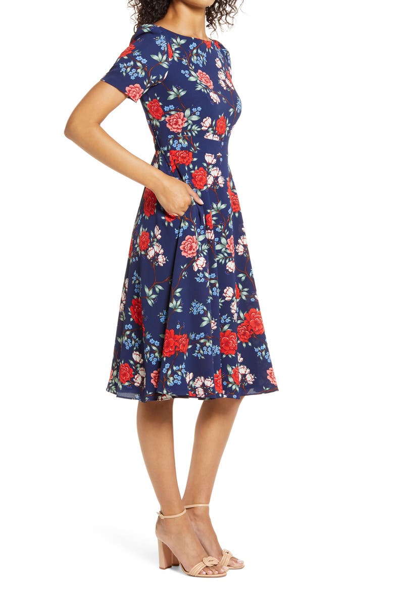 Floral Crepe A-Line Dress, Alternate, color, NAVY RED