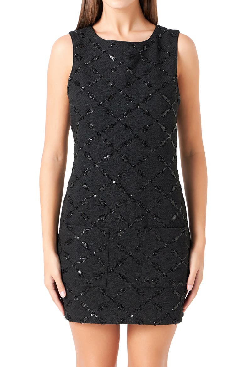 Sequin Sleeveless Tweed Mini Sheath Dress, Alternate, color, BLACK