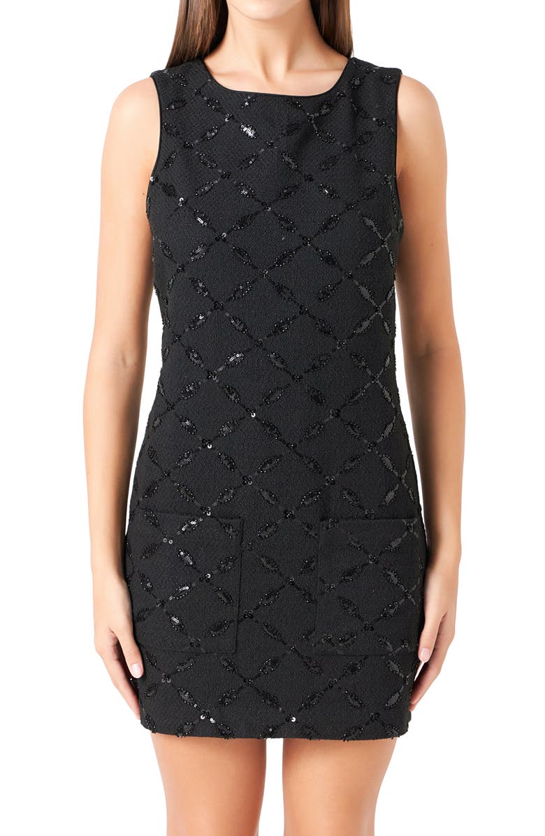 Endless Rose Sequin Sleeveless Tweed Mini Sheath Dress, Alternate, color, Black