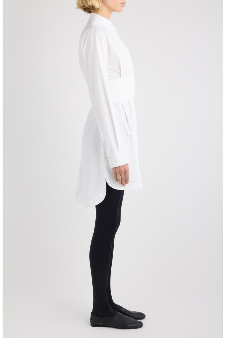 Cummerbund Belted Long Sleeve Cotton Poplin Shirtdress, Alternate, color, BLANC