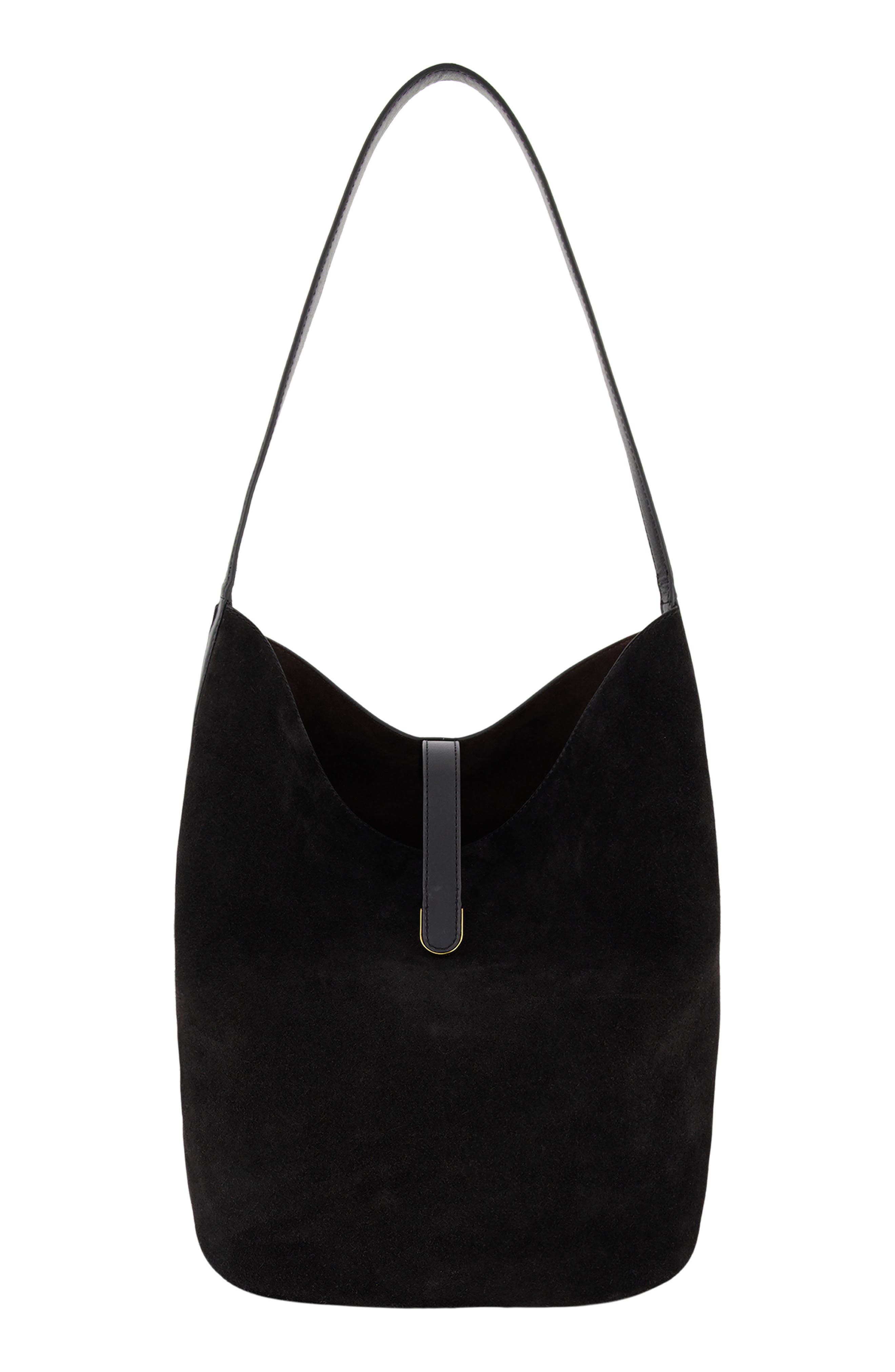 Eris Large Suede Bucket Bag, Main, color, BLACK