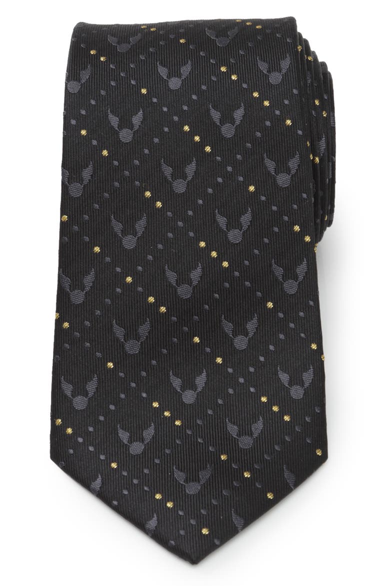 Harry Potter Golden Snitch Silk Tie, Main, color, BLACK