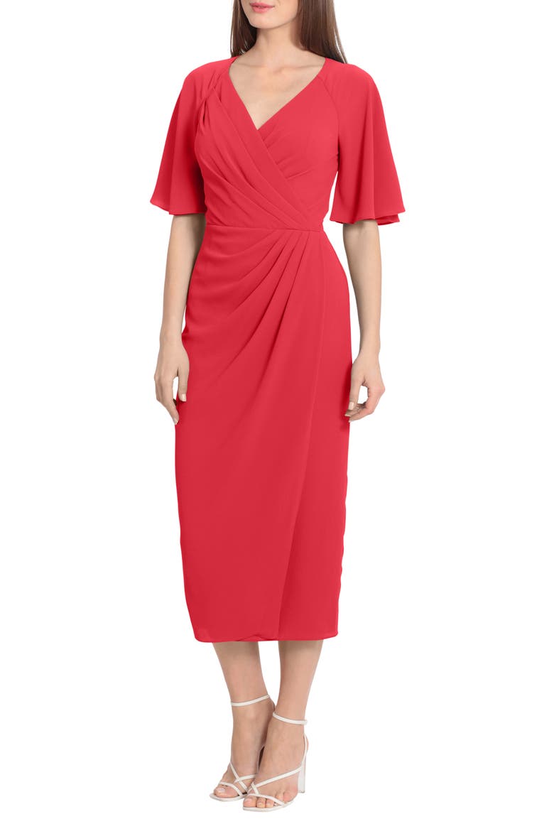 Flutter Sleeve Faux Wrap Midi Dress, Main, color, HIBISCUS CORAL