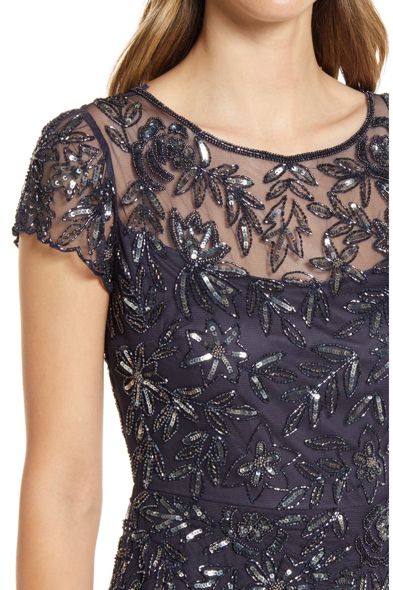 Beaded Mesh Mock Two-Piece Gown, Alternate, color, SLATE