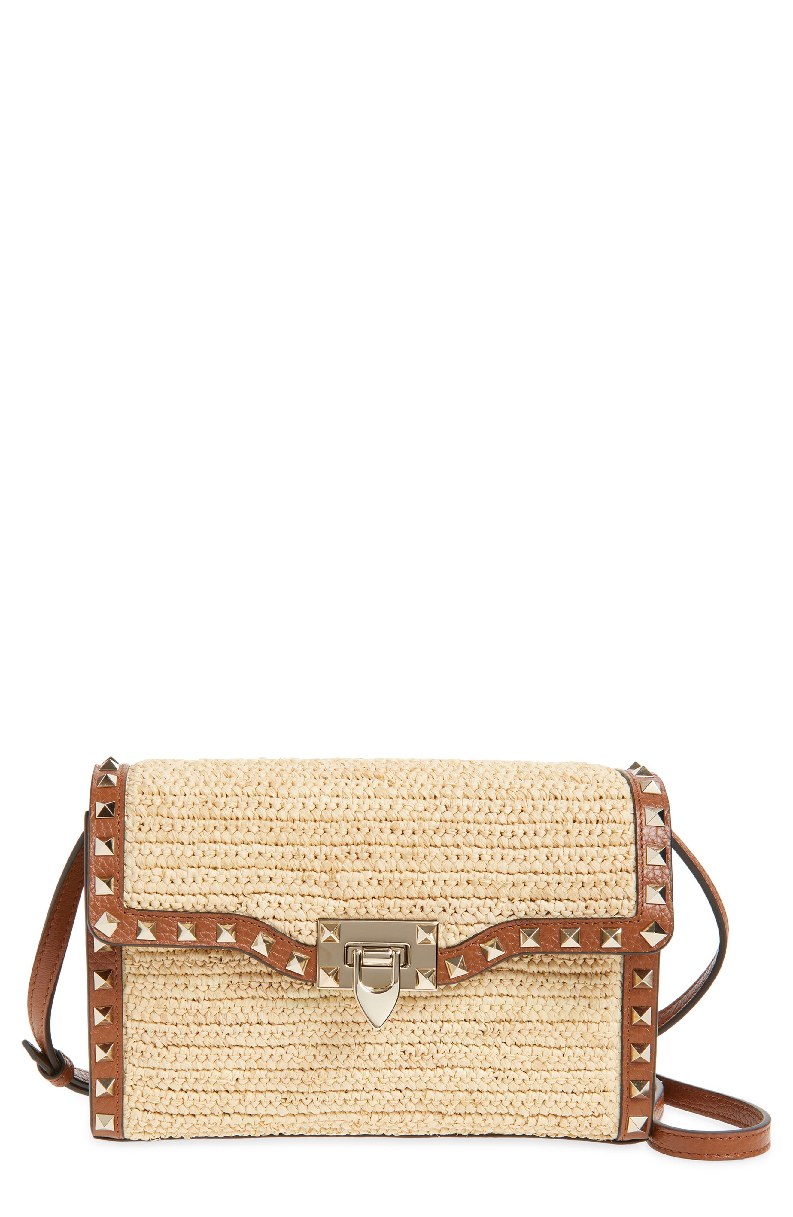 Valentino Garavani Small Rockstud Raffia Crochet Shoulder Bag, Main, color, Natural