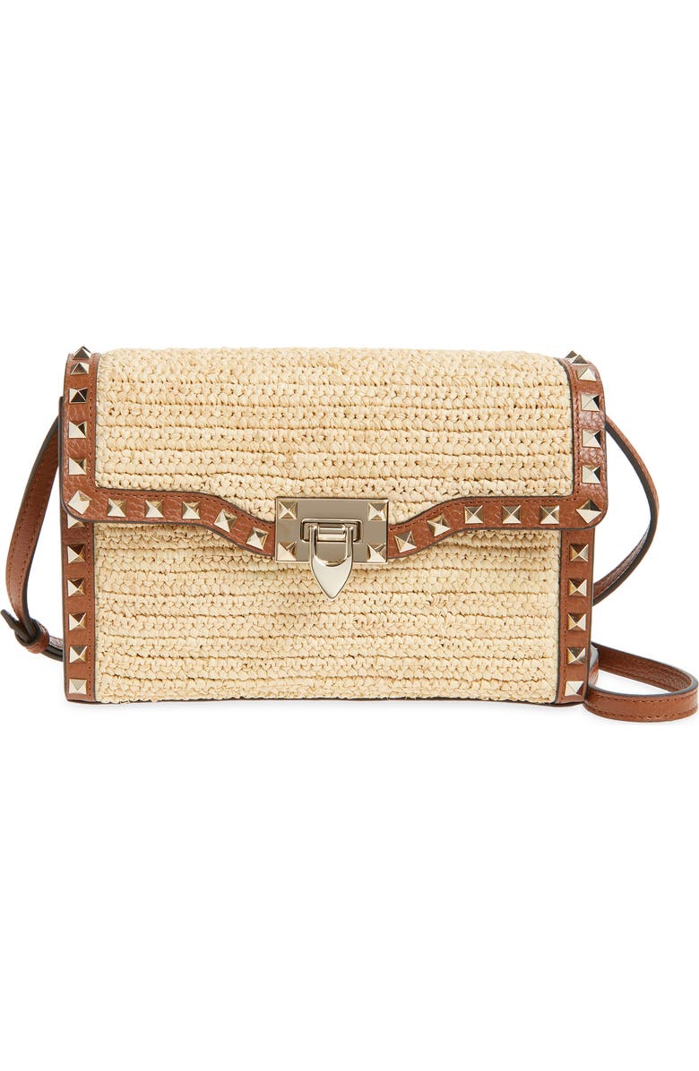 Valentino Garavani Small Rockstud Raffia Crochet Shoulder Bag, Main, color, Natural