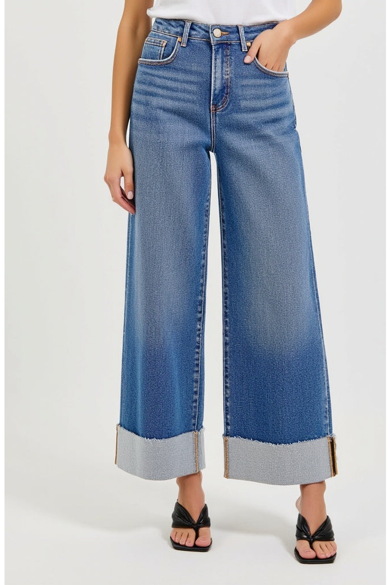 Wide-Leg Cuffed Jeans with Contrast Raw Hem, Main, color, Faded Blue