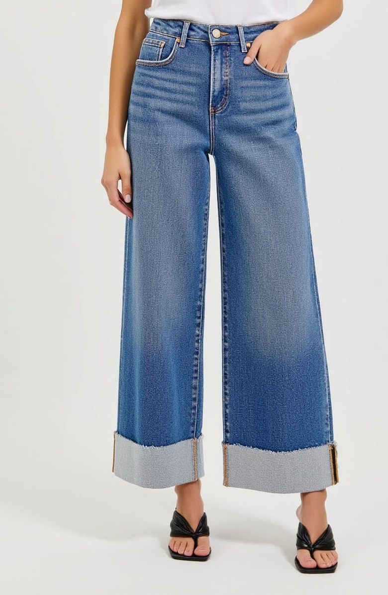 Modenaire Wide-Leg Cuffed Jeans with Contrast Raw Hem, Main, color, Faded Blue