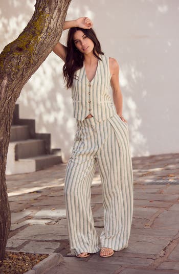 Elastic Back Stripe Wide Leg Linen Pants
